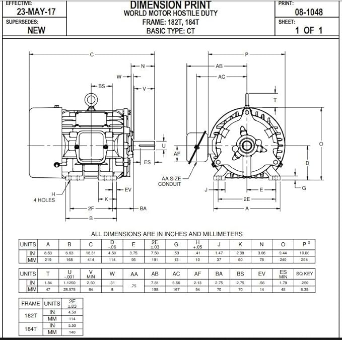 US Motors HD5P2E - 5 HP - TEFC-IP54 - 1760 RPM, General Purpose Hostile Duty Three Phase AC Motor