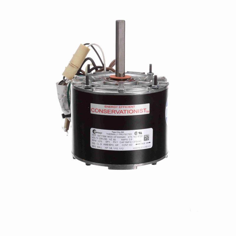 Century MULTIFITÂ® Condenser Fan Motor, 1/8, 1/10, 1/12 HP, 1 Ph, 60 Hz, 208-230 V, 1075 RPM, 1 Speed, 42 Frame, TEAO - 9722