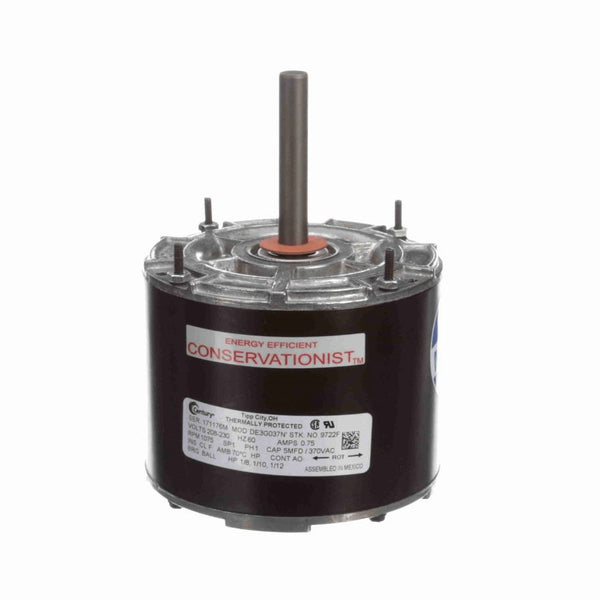 Century MULTIFITÂ® Condenser Fan Motor, 1/8, 1/10, 1/12 HP, 1 Ph, 60 Hz, 208-230 V, 1075 RPM, 1 Speed, 42 Frame, ENCLOSED - 9722F